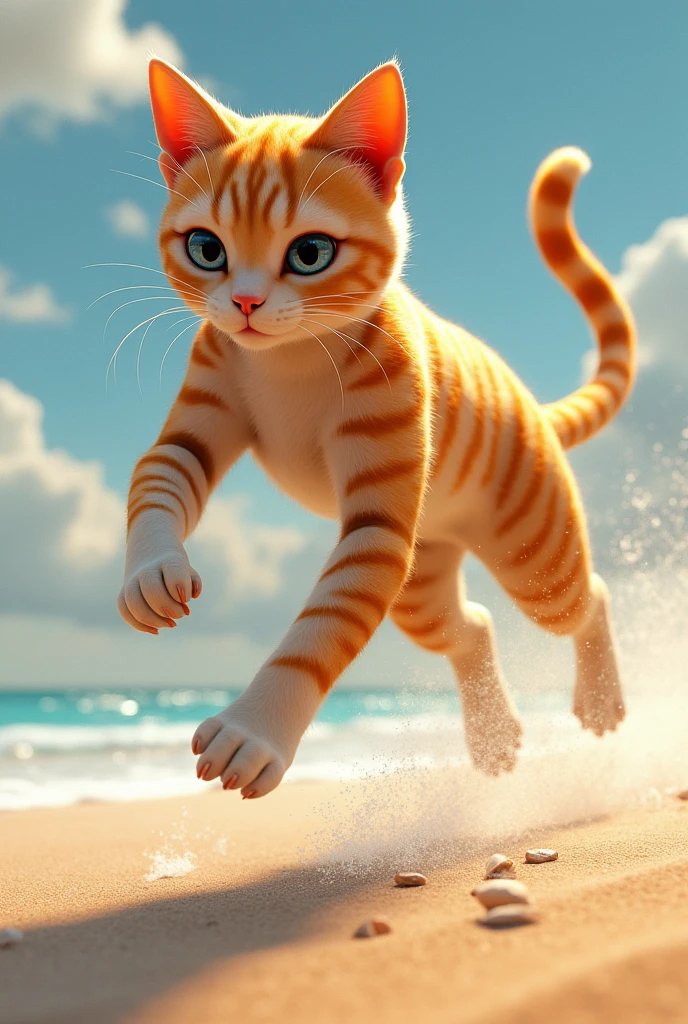 humanoid cat's Leap: Luna, the humanoid cat mother, leaping into action from the beach, her fur glistening in the sunlight, eyes focused, ready to protect her baby cat.