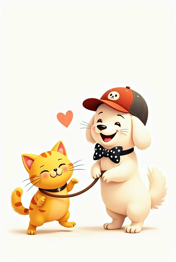 white dog and yellow cat love, white background, dog is female, cat is male. The dog wears a black and white polka dot bow tie, the cat wears a baseball cap. The dog is afraid of the rope and pulls the cat away.