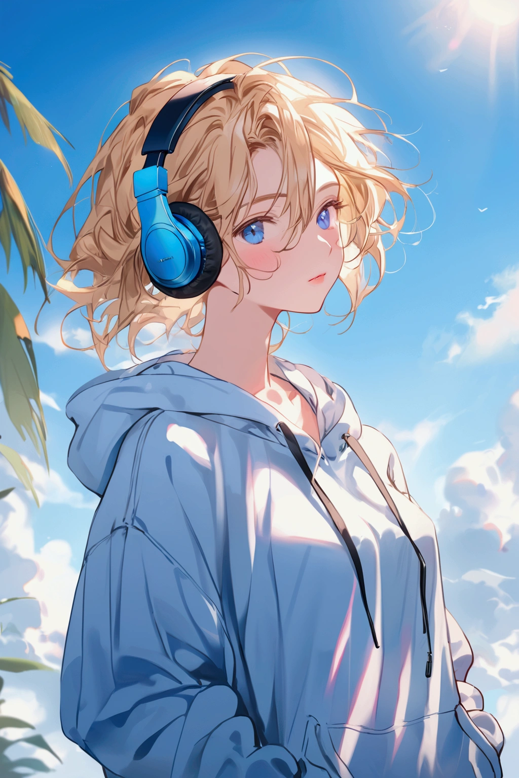 Boyish Girl,cute,casual,hoodie,headphone,Blonde short,blue sky,((Highest quality)),((masterpiece)),blue eyes,colorful