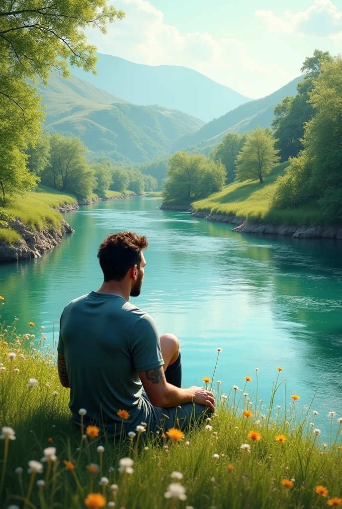 Messi is sitting beside a beautiful River 