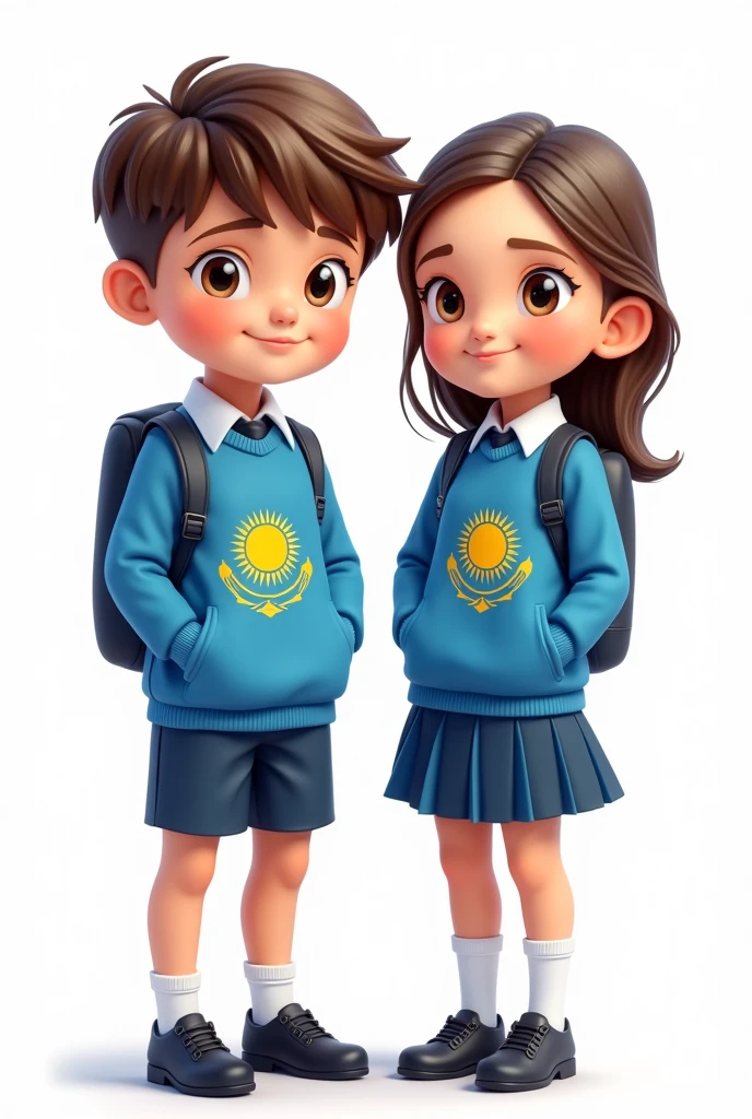 ((officially)) ((masterpiece)) ((Best quality)) ((detailed)) cartoon boy and girl in blue school uniform with Kazakhstan flag emblem on clothes on white background