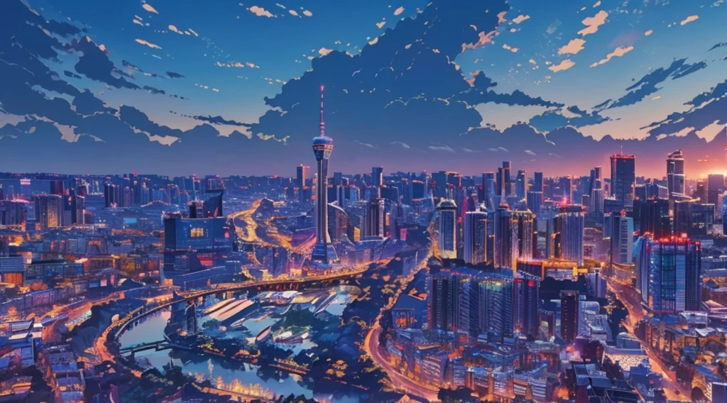 (night:1.5),Night,Makoto Shinkai's style,best quality,Ultra Detail,masterpiece,Fine details,high resolution,8k,in the evening,In the style of Xinhaicheng,There is lighting,wallpaper,architecture,City,City景观,nobody,landscape,City,City view,architecture,outdoor,Sky,Skyscraper,Real-world location,Blue sky,tower,the way,Ground Vehicles,car,(City夜景),