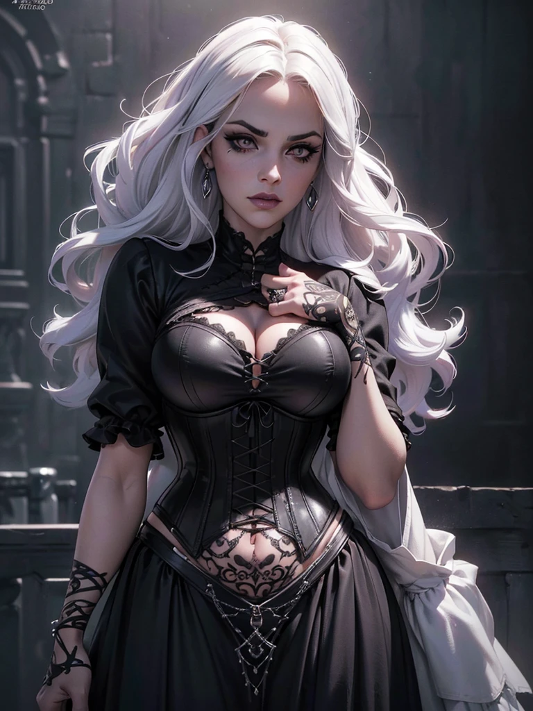 a beautiful busty goth princess woman,corset,white hair,dark mascara,long lashes,tattoo,black short bangs,curly hair,(best quality,4k,8k,highres,masterpiece:1.2),ultra-detailed,(realistic,photorealistic,photo-realistic:1.37),portrait,chiaroscuro lighting,dramatic lighting,dark moody colors,dramatic colors