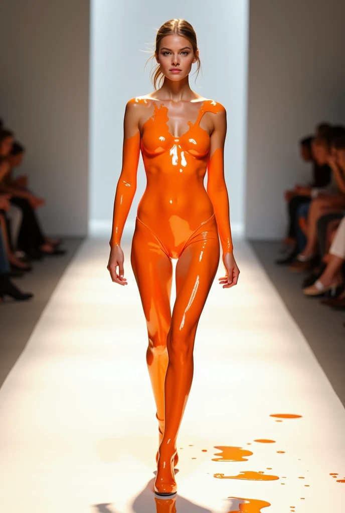 A Girl covered with orange dressing and walk on the ramp and say subscrib FactDail YouTube channel