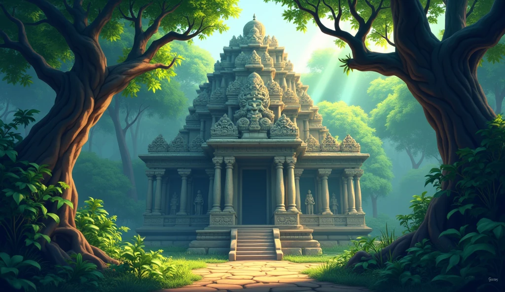 3d cartoon style image. कि अंधकारपुर के जंगल के बीचोंबीच एक प्राचीन मंदिर है,