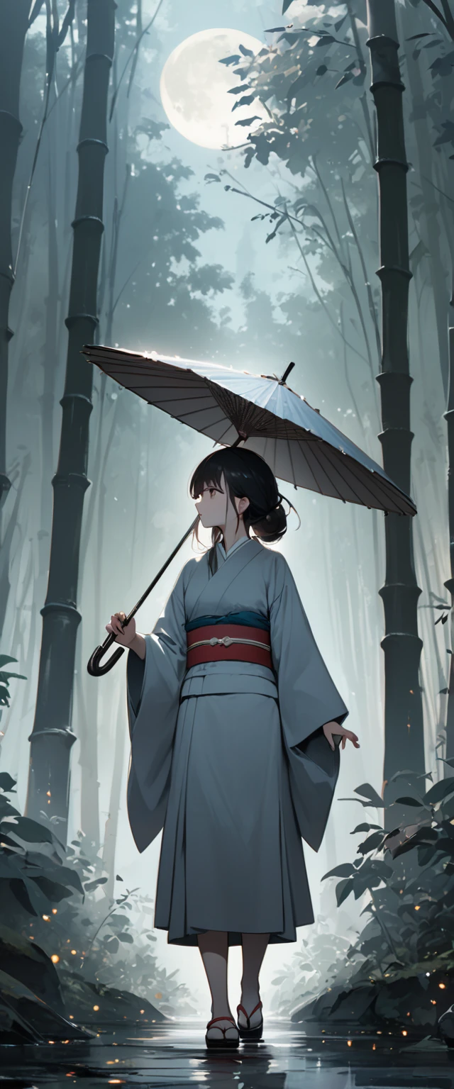 Dynamic ink painting of a Japanese bamboo forest, Great art, Amazing depth, Ground level shot, The most beautiful bamboo forest in the world, Bamboo leaves shining in rainwater, moon\(pale\) In light cloudy weather,alone, One beautiful girl\(Aristocrats of Ancient Japan, Beautiful kimono, Beautiful long black hair\) looking up at the moon holding an umbrella,Light rain, Fireflies flying around, Bamboo leaves are arranged three-dimensionally in the foreground., Long Shot,Colorless,whole body