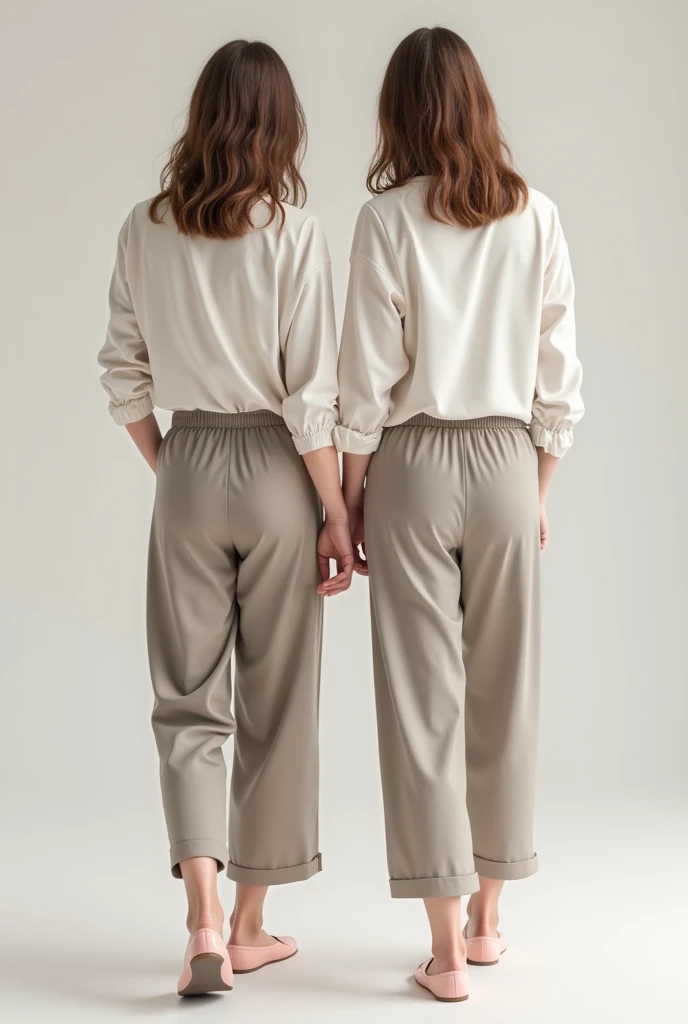 A 2 woman dressed in light grayish beige dress pants that are a little loose at the hem, with a long-sleeved shirt folded up to the elbow, white, tucked into the pants, with some pastel pink wide heels, loose straight hair.