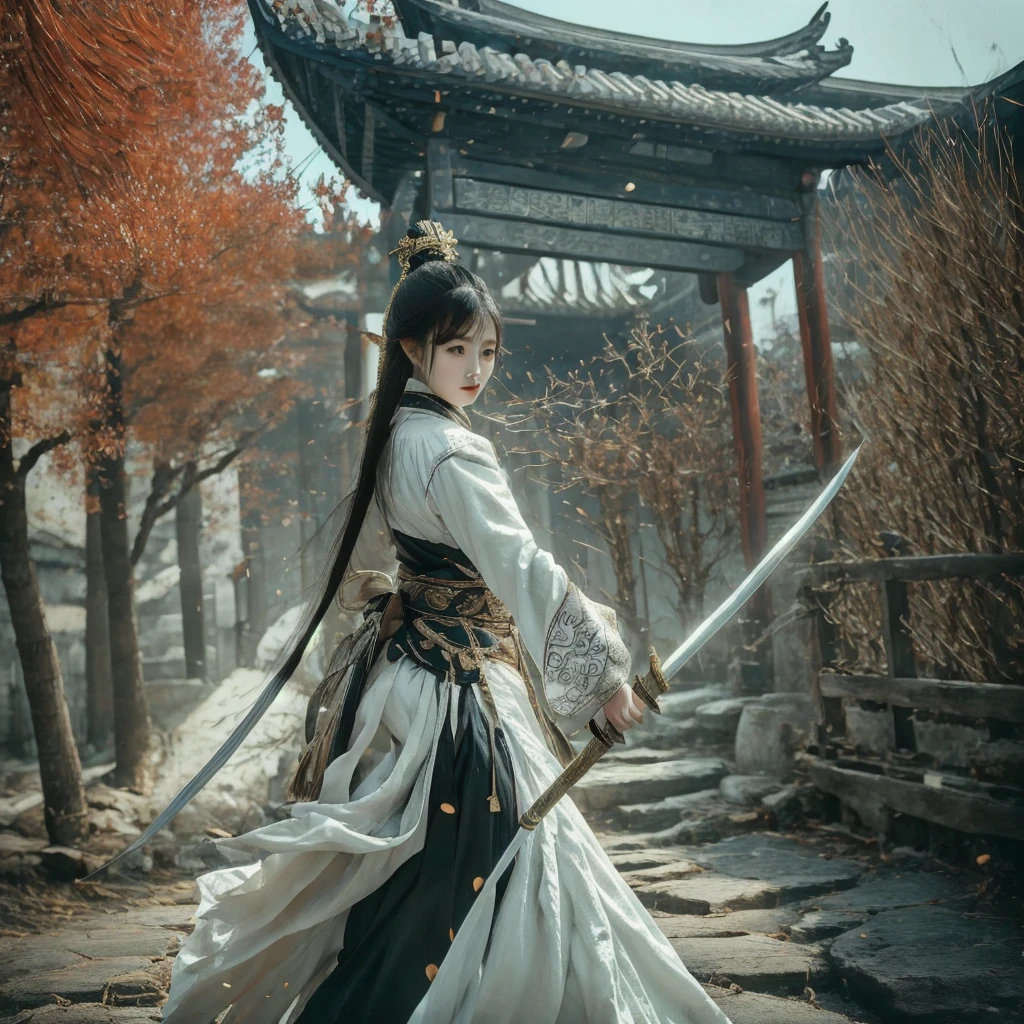 Create an image of a Chinese woman with long hair in traditional East Asian warrior costume. Black dress.,white,Gold, a young woman holding an ancient Chinese sword, is fighting, her body is colored with a silver aura emitting. The background should include ancient East Asian architectural elements, such as a tiled roof and wooden pillars. The scene should be outdoors with natural elements, such as bamboo trees or bushes. The lighting should be early morning or late afternoon to create a quiet yet mysterious atmosphere., Leaves scattered