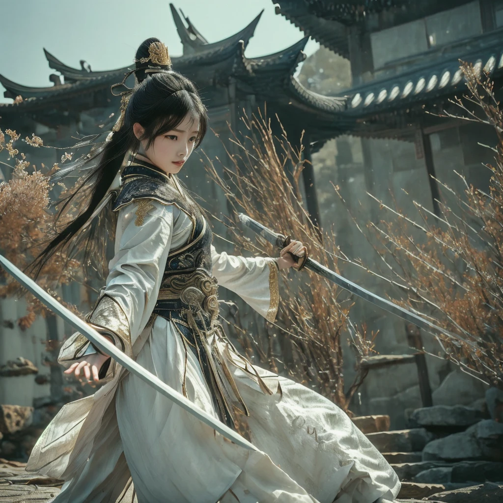 Create an image of a Chinese woman with long hair in traditional East Asian warrior costume. Black dress.,white,Gold, a young woman holding an ancient Chinese sword, is fighting, her body is colored with a silver aura emitting. The background should include ancient East Asian architectural elements, such as a tiled roof and wooden pillars. The scene should be outdoors with natural elements, such as bamboo trees or bushes. The lighting should be early morning or late afternoon to create a quiet yet mysterious atmosphere., Leaves scattered
