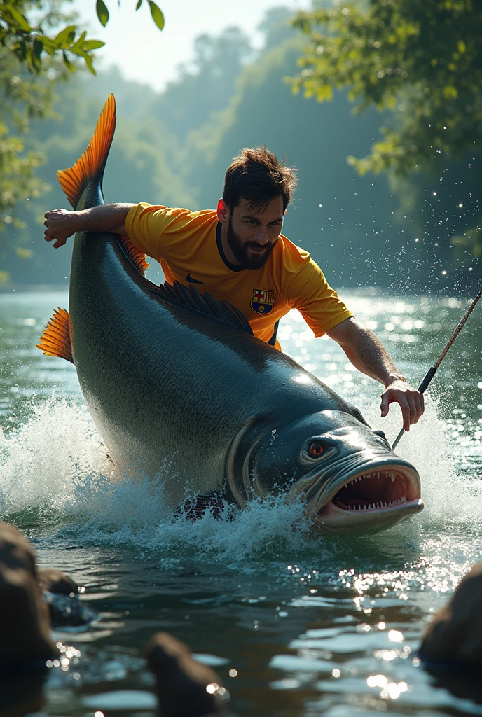 Messi is catching a huge big catfish 