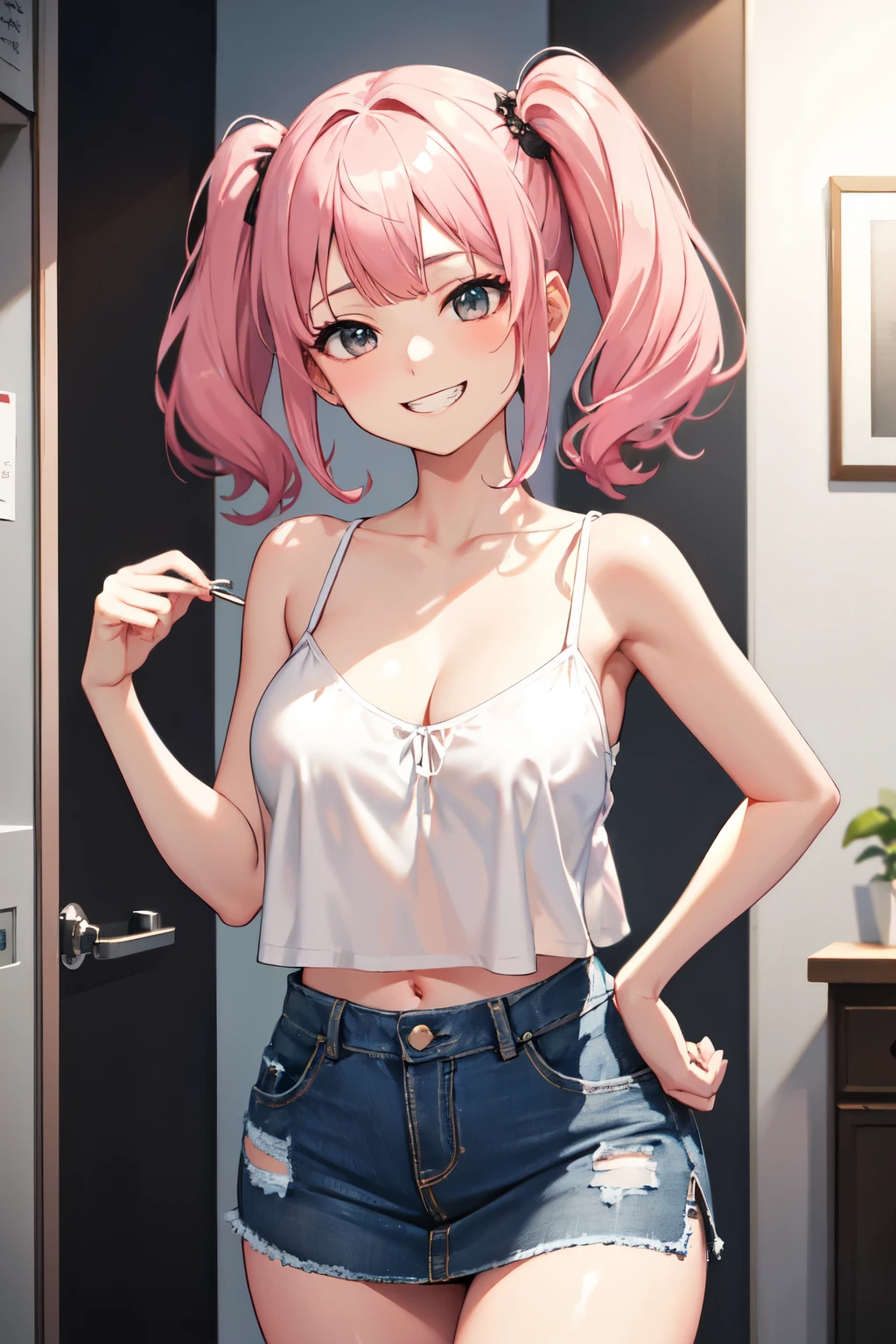 (8k、Highest quality、Highest quality、masterpiece)、Detailed face、One Girl、 Pink Hair、short hair、Twin tails、Blunt bangs、Grey Eyes、Wicked Smile、((Grin))、Small 、((White camisole))、((Denim mini skirt))、Cowboy Shot、((I had already finished))、Very large breaststs、Roll up your skirt