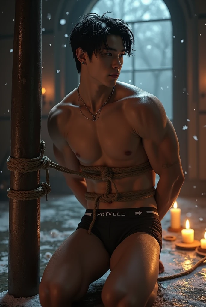 (((19 yo muscular, shirtless guy))), (((19 yo, slim, muscular, fit twink))), (((ripped sixpack))), ((((Trussed up completely with rope)))), ((((ropes crossed over chest)))), (((body trussed up in tight fitting shibari ropes))), (((beautiful boy))), (((beautiful face, K-pop type))),  (((slim fit body))), ((medium-lenght curtain hairstyle))), (((wearing speedos))) kneeling, (((arms behind back))), , Smiling, ((((in a  dungeon with a thick pole and candles))), ((leaning against a polel))), snowfall through the roof, (((skin and hair wet))).