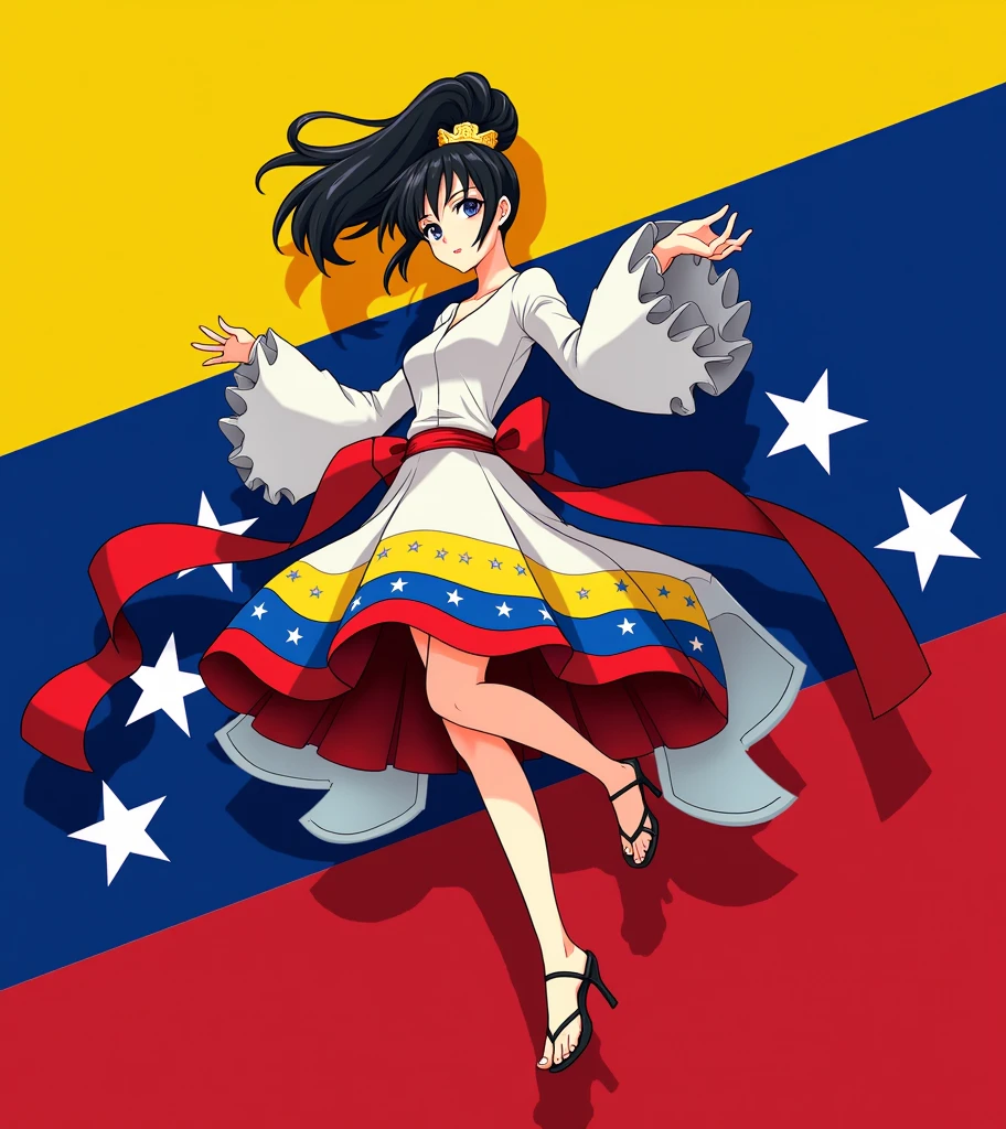 An anime female character with a white dress, black hair and the flag of Venezuela 