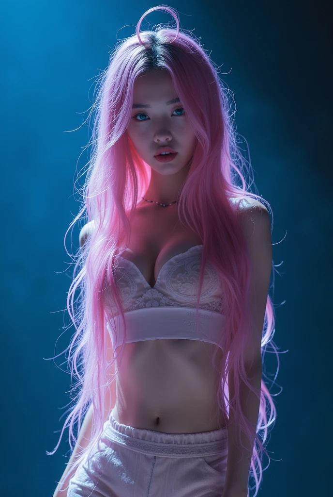 • Appearance:
• Korean features
• Long wavy pink hair (wet hair)
• Blue eyes
• Skinny body, thin legs, thin buttocks, small chest
• Gaunt body, slender arms and legs
• Clothing:
• Idol outfit (see-through)
• Activity:
• Striking a vigorous ending pose on stage
• Background:
• Stage