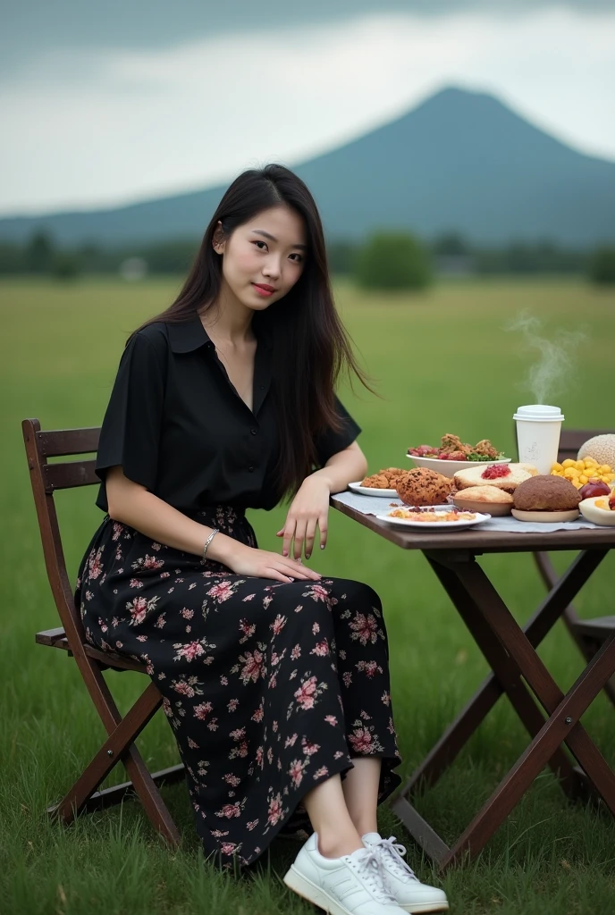 (Close-up of a better masterpiece:1.5)0.9],an asian woman with long hair, curvy body, wearing a plain black shirt, a long black skirt with a floral pattern, white newbalance shoes, sitting on a folding chair, a folding table full of food, and coffee in the background of a plain of wild grass, a dewy mountain, and a cloudy sky