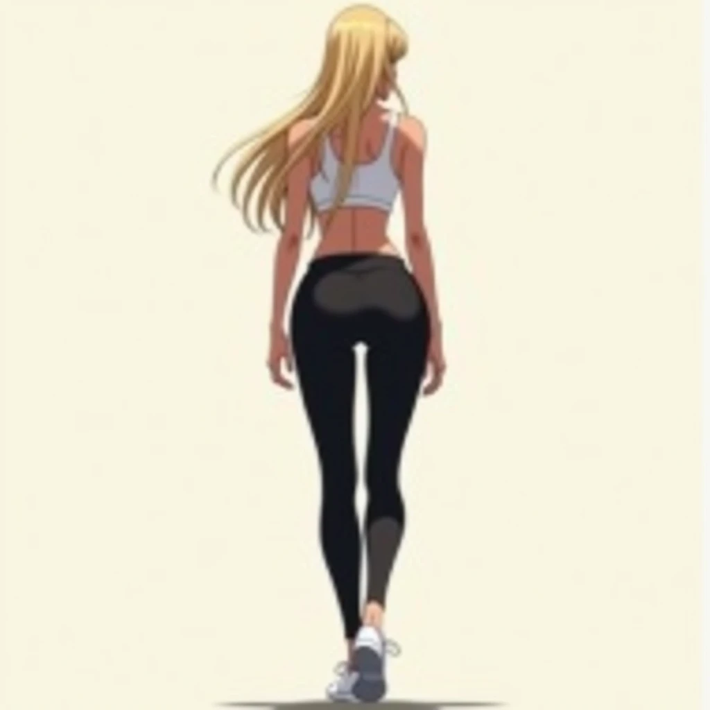 anime girl, long blonde hair, plain background, white tank top, slightly exposed midriff, tight black yoga pants, tall, curvy but proportionate, hourglass figure, prominent hips, from behind, not looking at viewer, walking and swaying hips, white sneakers, covered upper back.