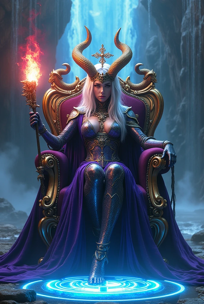 Surreal Very detailed Ultra Fantasy Ultimate Details Ultra-high resolution 8K 32k 3D clear, Beautiful Eyes Silver Hair sit assassin anac mechanical engineering Mechanic Art . intricate and elaborate design, おmoney, money Silver Silver 紫 Black-purple Dynamic pose Cinema Lighting Magic spell aura Chairにsit Dragons spit fire from both shoulders Blue magic circle design big, luxurious amulet made of money Bright colors girl 美しく神秘的なdevilの魔術師 Nice, Mysterious and cool tiara The ultimate mysterious design devil'Rainbow Armor 神秘的なdevil'Chair Luxurious Armor girl Breaking the Magic Seal A river flows at my feet 右手にdevil的ハルバードを持っている In his left hand he holds a burning red torch Head Jewelry In the background, a waterfall flows from the top right. Gold Gauntlet devil的十字架の首飾り princess Gorgeous Tiara