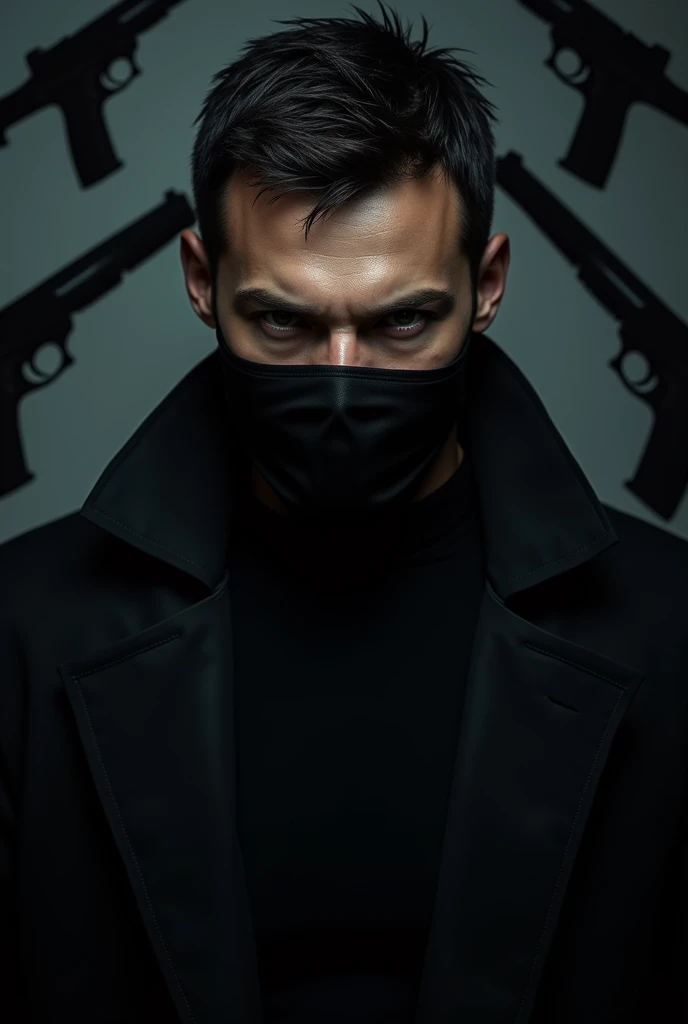 A man image with half body with mask and dangerous black background and shine. And background with guns and full HD. With short size hair and mask on mouth dangerous eye .full black