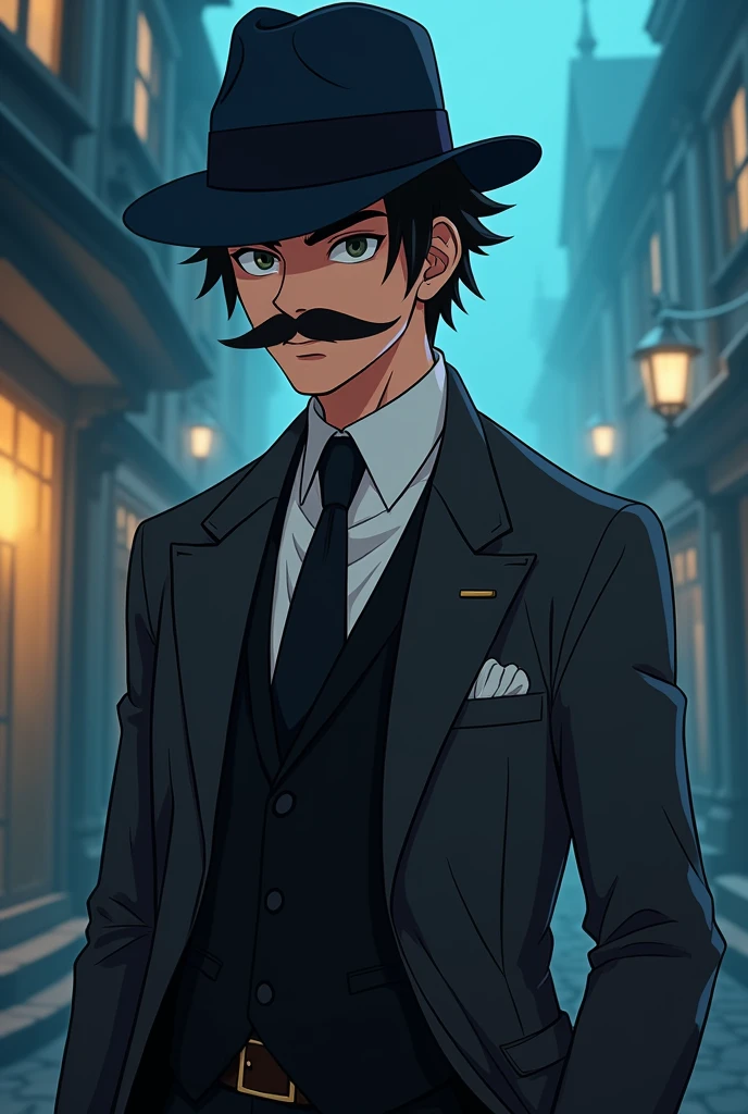 Cartoon, Paranormal Order Trait.
white dress shirt, black vest, dark gray jacket, dark blue fedora, thin moustache, dress pants and a gold chain in the pocket, with heterochromia in the eyes