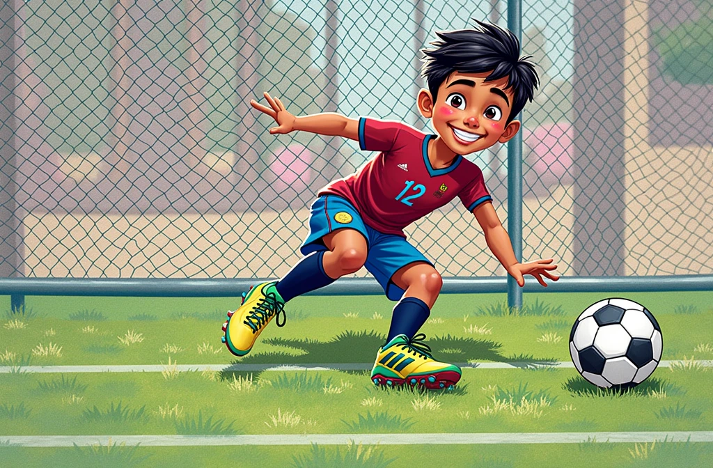 A  Indian boy with a cheerful smile, featuring noticeable dimples. He is dressed in a maroon and blue football jersey with the number 12 printed on it. He wears dark blue stockings and green-and-yellow Adidas soccer boots, looking ready for a game."