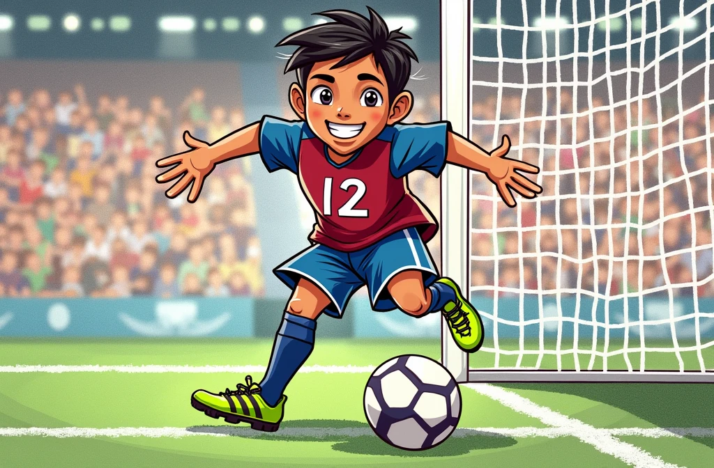 A  Indian boy with a cheerful smile, featuring noticeable dimples. He is dressed in a maroon and blue football jersey with the number 12 printed on it. He wears dark blue stockings and green-and-yellow Adidas soccer boots, looking ready for a game."
