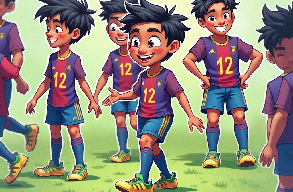 A  Indian boy with a cheerful smile, featuring noticeable dimples. He is dressed in a maroon and blue football jersey with the number 12 printed on it. He wears dark blue stockings and green-and-yellow Adidas soccer boots, looking ready for a game."