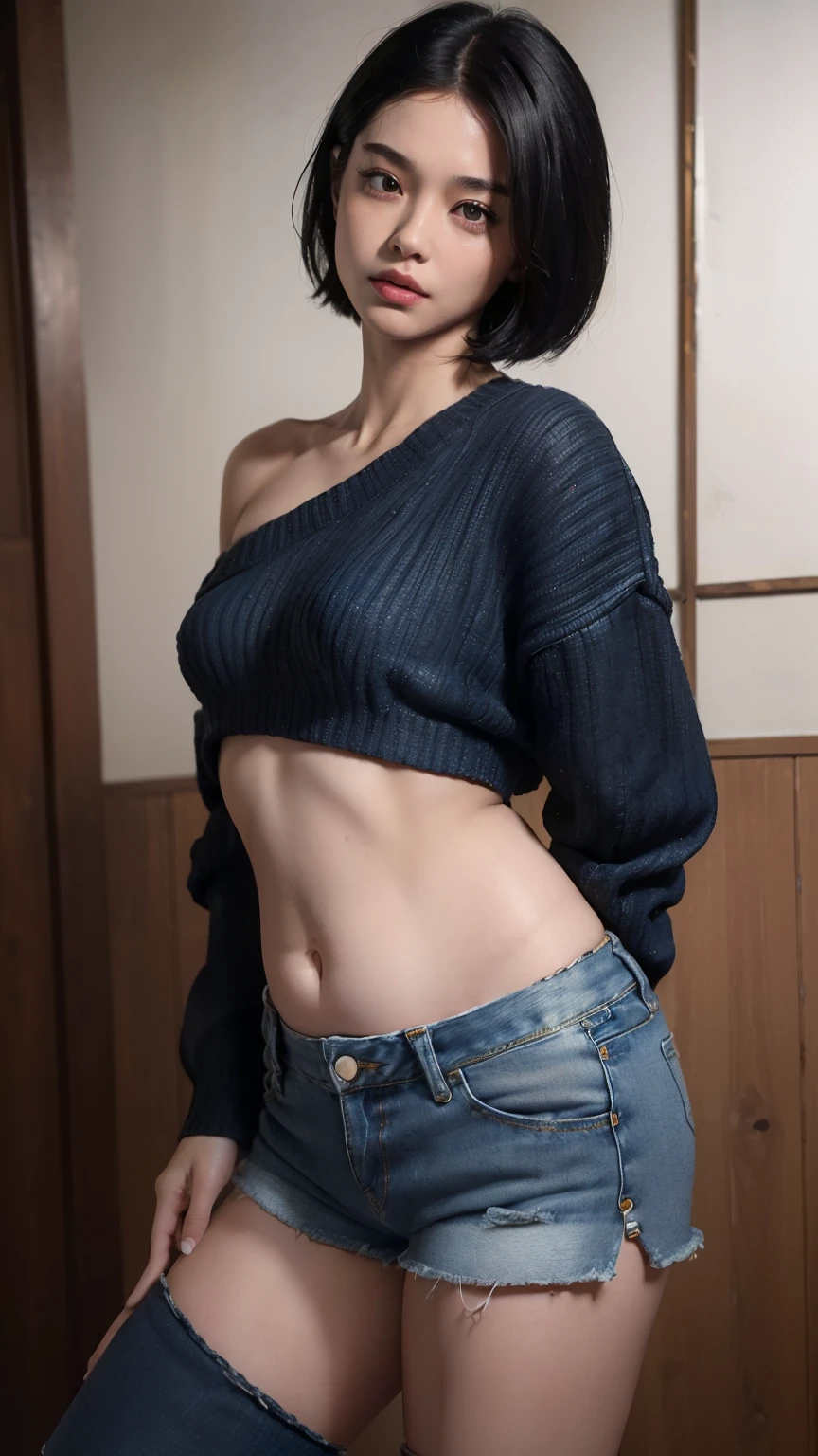 (Masseter muscle area:1.3)、(8k、Photorealistic、RAW Photos、Highest quality: 1.4)、(One Girl)、Beautiful Face、(A vivid face)、(Black-haired、short hair:1.3)、
Beautiful hairstyle、Realistic eyes、Beautiful details、(Realistic Skin)、Beautiful skins、Absurd、Charm、Ultra-high resolution、Surreal、High definition、Golden Ratio、
((wide Opening the Abdomen))、((Opening the Abdomen))、((wide Open belly button))、((Open belly button))、((Mid-length sweater))、((Super low-rise、Denim shorts))、
((Umbilical cord prolapse))、((Small hips)),((Small Hips))、(Super low-rise))、((Denim shorts))、((standing))、((boots))