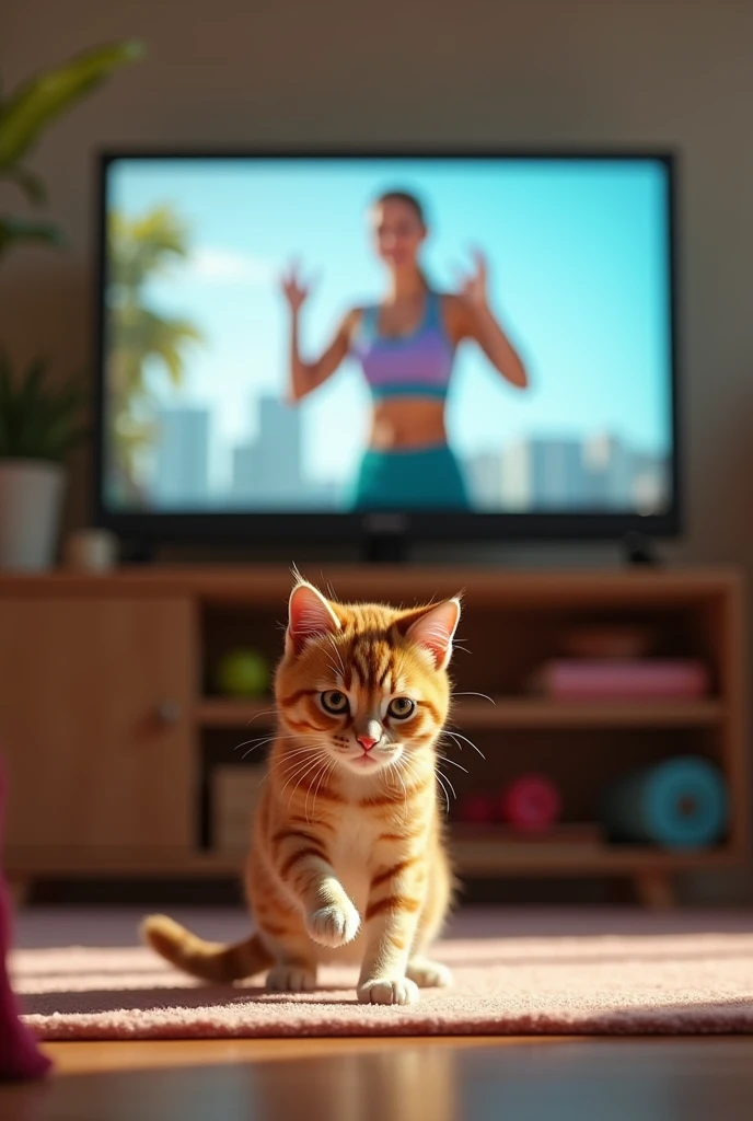 The protagonist(cute cat)sitting in front of the TV、Watching an exercise video。The cat follows the video instructions with a serious expression、Body(very)It&#39;s moving。A trainer in sportswear is shown on the TV screen.、Training equipment is placed in the background.。

