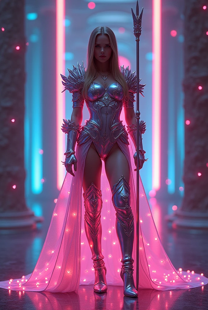 masterpiece, best quality, official art, extremely detailed CG unity 8k wallpaper,absurdres,8k resolution, exquisite facial features, prefect face, Cinematic Lighting, dynamic lighting, volumetric lighting maximalist photo illustration: by Marton bobzert, 8k resolution concept art intricately detailed, complex, elegant, majestic, ecstasy, fantastical, aspect ratio:16:9, shining suit, Fantasy detailers, a woman (Emma Watson, Beautiful face, young, Supermodel) in Epic suit, neon light armor, straight long hair, standing holding a spear, Fantasy detailers, looking_at_viewer, front view, sexy woman, big breasts,
