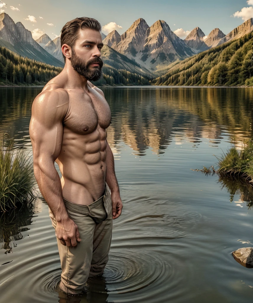 man with a beard and military shirt, standing at the edge of a lake, extremely handsome. (best quality,4k,8k,highres,masterpiece:1.2),ultra-detailed,(realistic,photorealistic,photo-realistic:1.37), detailed eyes, detailed lips, brown beard, muscular, confident expression, retro style, dramatic lighting, vibrant colors, peaceful and serene atmosphere, reflections on the water, symmetrical composition, crisp focus, golden hour lighting, calm and clear water, mountains in the background, lush greenery, picturesque scenery, stylish outfit, rugged and masculine appearance, contemplative pose, strong and toned physique.