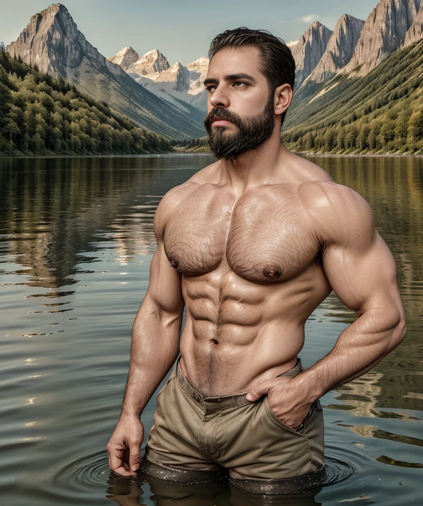 man with a beard and military shirt, standing at the edge of a lake, extremely handsome. (best quality,4k,8k,highres,masterpiece:1.2),ultra-detailed,(realistic,photorealistic,photo-realistic:1.37), detailed eyes, detailed lips, brown beard, muscular, confident expression, retro style, dramatic lighting, vibrant colors, peaceful and serene atmosphere, reflections on the water, symmetrical composition, crisp focus, golden hour lighting, calm and clear water, mountains in the background, lush greenery, picturesque scenery, stylish outfit, rugged and masculine appearance, contemplative pose, strong and toned physique.