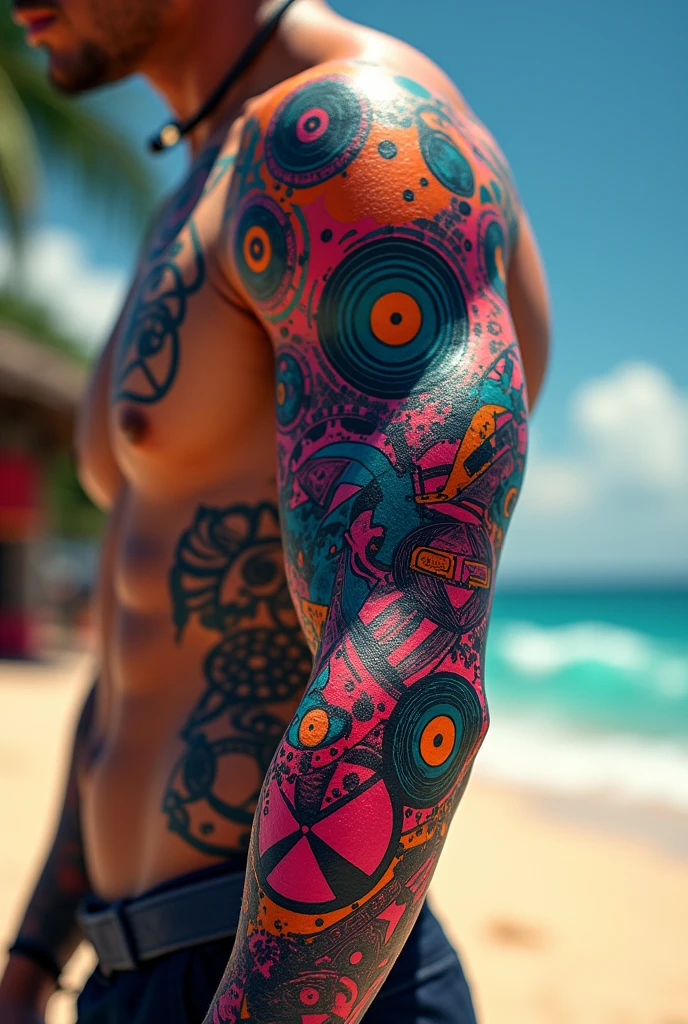 Tattoo warung beach various dj techno elements all over the arm