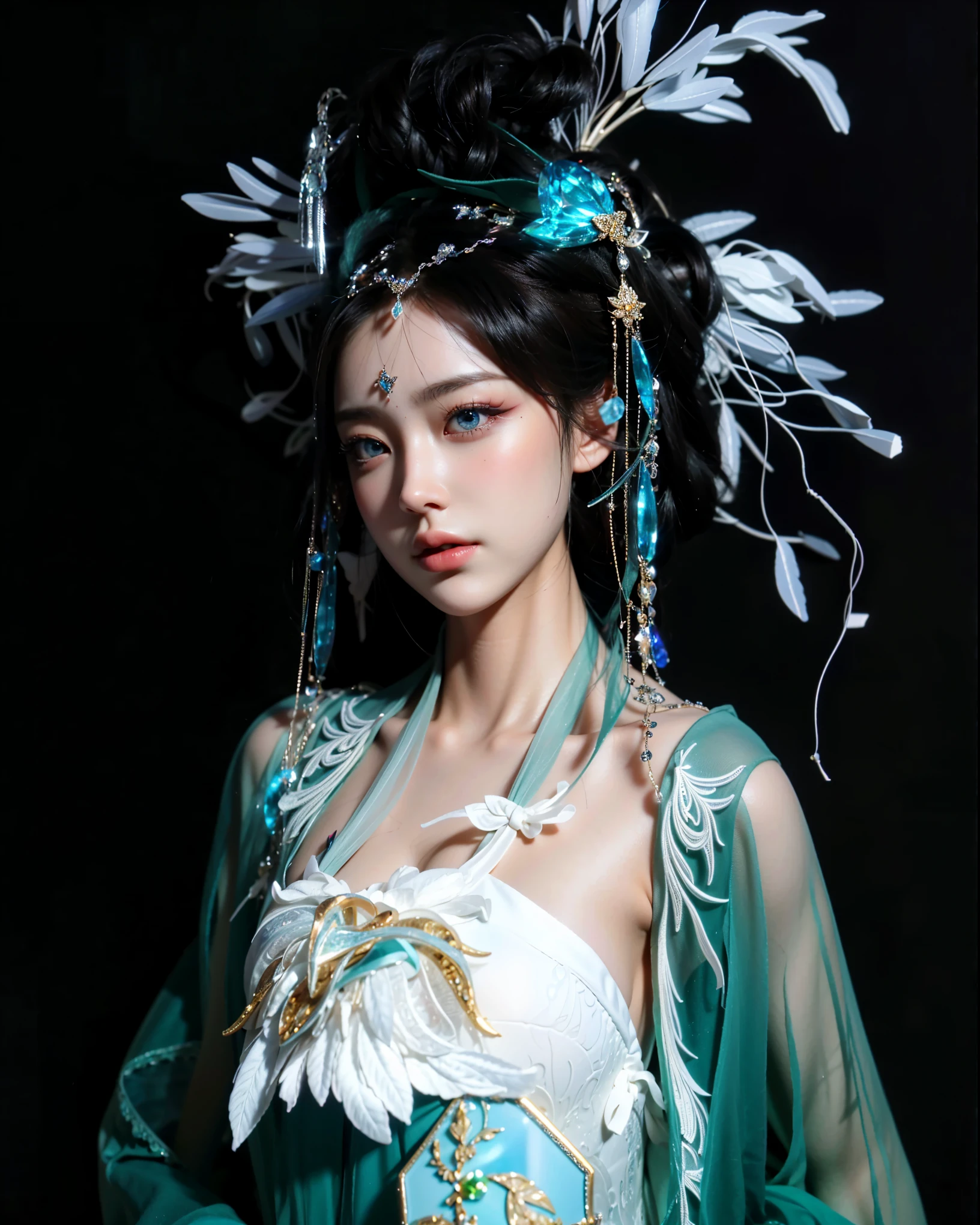 Game Art，Best image quality，Maximum resolution，8K，(A bust photo)，(portrait)，(Head close-up)，(Rule of Thirds)，Unreal Engine 5 rendering works，20 year old girl，((Queen))，The eyes are very detailed，(Large Breasts)，Elegance and nobility，Light，Light线追踪，Game CG，((3D Unreal Engine))，OC rendering reflection mode，4K，Ultra-clear，Sensual，Translucent lace，Fair and plump figure，Pretty Face，Light泽凝胶涂层，身着华贵礼服的Queen，Crystal Gem Crown，Necklace jewelry，blue eyes，The tattoo is very three-dimensional，Gorgeous and intricate tattoo designs，Ultra-clear portrait，Sexy body，Temple Princess，Swarovski crystal diamond，Heart of the Universe Gem，Delicate facial makeup，The ultimate in luxury，Cleopatra wearing gold jewelry，Chinese Hanfu