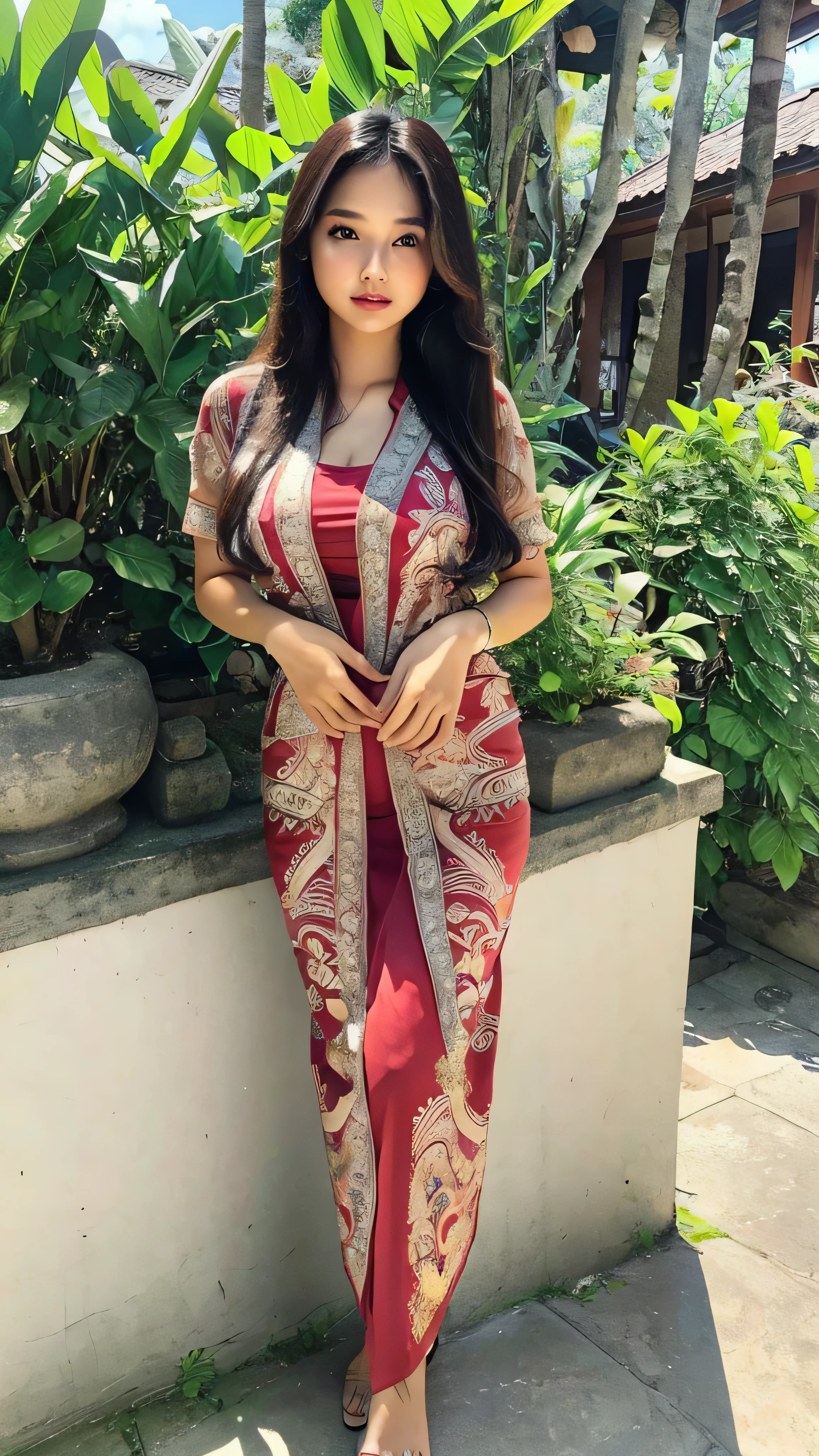 masterpiece, malaysian girl, indonesian girl ,ultra realistic,32k,intricate details, sharp focus, realistic, closed, black eyes, jewelr, lips, realistic, looking_at_viewer, wet skin, shiny skin, LONG SLEVES, indonesian clothes, bali, balinese, cityscape, standing pose,((red kebaya)),full body,busty body,curvy body,long hair,beauty face,