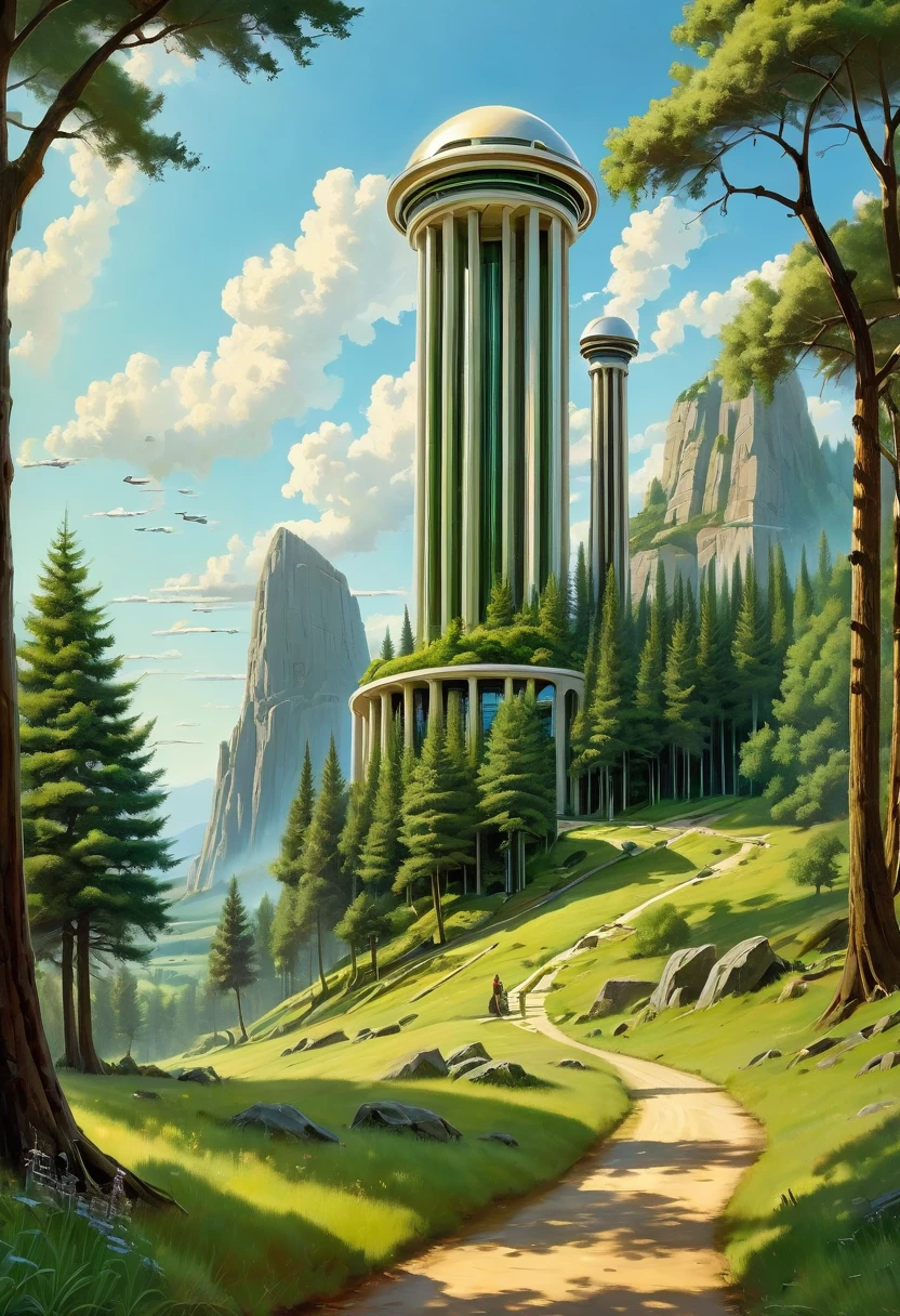 ralph-mcquarrie style, greek architecture done in a sci-fi style on a beautiful forest and meadow scene with tall buildings and open green spaces, oil painting, beautiful, highly detailed