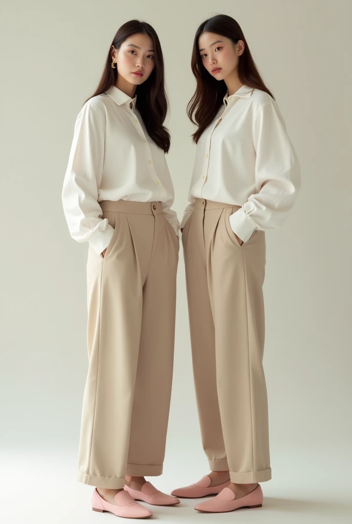 A single 2 woman dressed in light grayish beige dress pants that are a little too wide at the hem, with a long-sleeved shirt folded up to the elbow, white, tucked into the pants, with some pastel pink wide heels, loose straight hair.