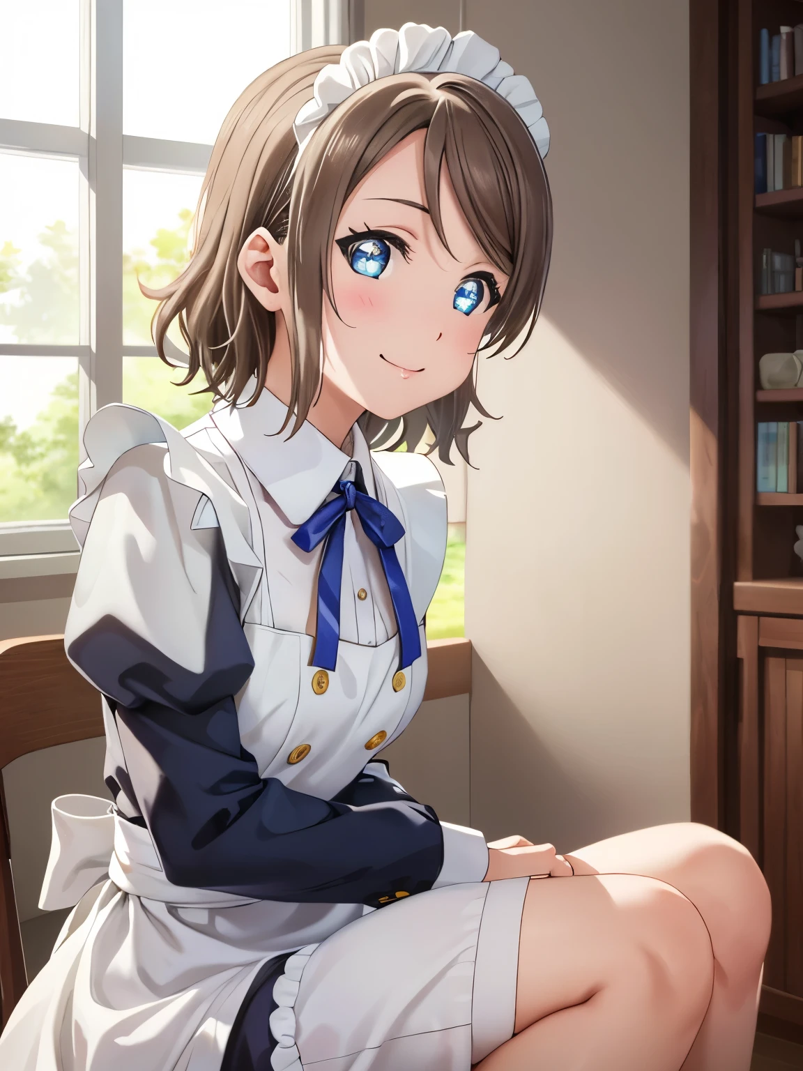 masterpiece, Highest quality, Shooting from the front、High resolution,Watanabe Yo、Closed Mouth、smile,sitting、Chair、 Maid clothes、(ビクトリア朝Maid clothes:1.5)、Beautiful Eyes, Sharp pupils, Sharp focus, (Very detailed, bloom, Shine)、(Genuine、Realistic、Realistic)、High resolution、超High resolution,(View your viewers:1.1), knees,手はkneesの上に置く