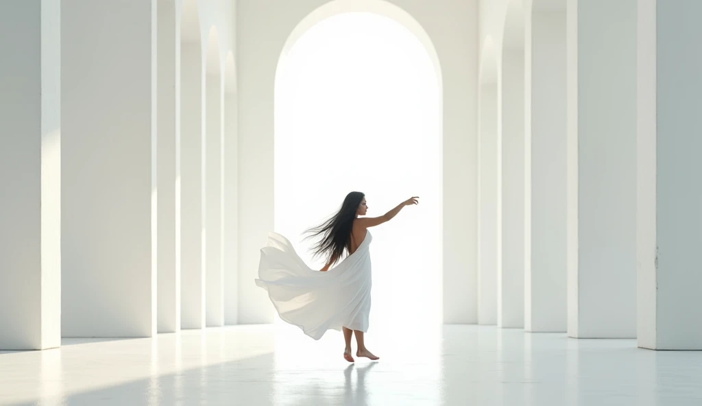 A very beautiful woman with dark skin, crystal clear eyes, dancing in her castle with her simple, bright white dress, barefoot, her hair flying in the air as she dances lightly. Her palace was very large, very beautiful with white walls and floors.