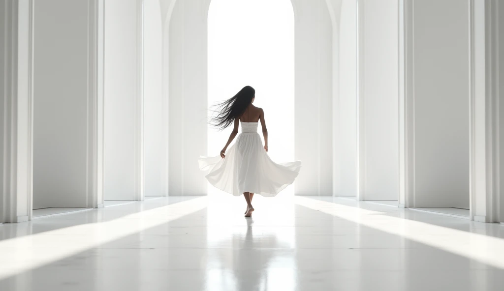A very beautiful woman with dark skin, crystal clear eyes, dancing in her castle with her simple, bright white dress, barefoot, her hair flying in the air as she dances lightly. Her palace was very large, very beautiful with white walls and floors.
