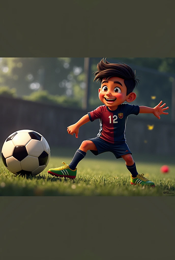 A Indian boy with a cheerful smile, featuring noticeable dimples. He is dressed in a maroon and blue football jersey with the number 12 printed on it. He wears dark blue stockings and green-and-yellow Adidas soccer boots, looking ready for a game.