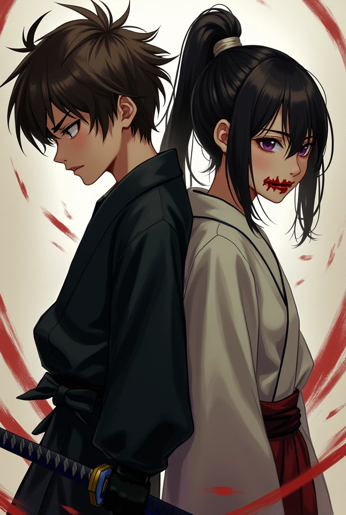 a ninja boy with a katana. He has a brown hair. BBlack and wwhite ninja outfit. A japanese girl. Her mouth covered in blood and her one eye's brown and another is purple. She has a mid length hair ponytail. Both are japanese.