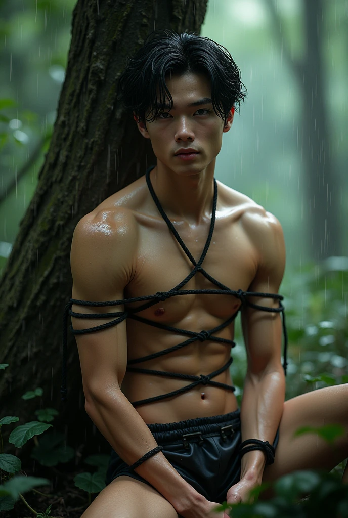 (((19 yo, muscular,shirtless boy))), (((young, slim, muscular, fit, boy))), (((ripped sixpack))), ((((Trussed up completely with rope)))), ((((ropes crossed over chest)))), (((body trussed up in tight fitting shibari ropes))), (((beautiful boy))), (((beautiful face, K-pop type))),  (((slim fit body))), ((medium-lenght curtain hairstyle))), (((wearing shorts))) kneeling, (((arms behind back))), , Smiling, (((in a rainy forest))), ((leaning against a tree))), (((wet skin and hair)))