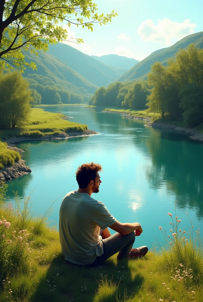 Messi is sitting beside a beautiful River 