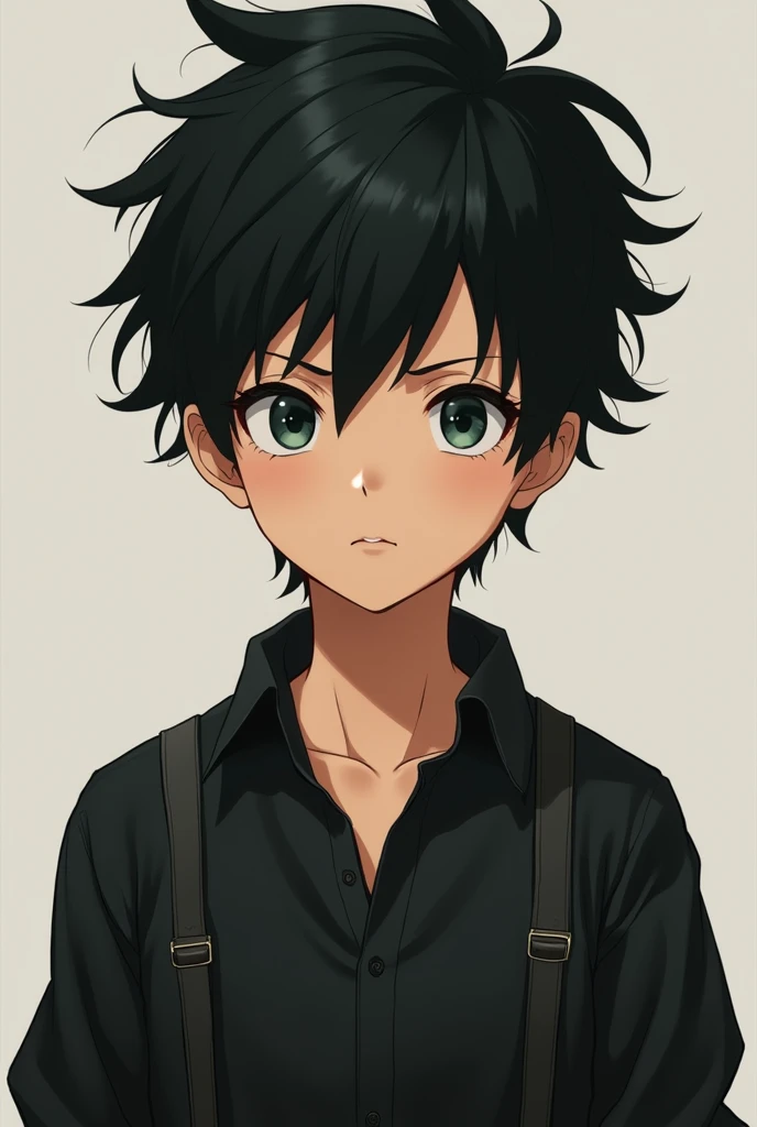 Create an realistic anime image of a boy wearing a black suspender with black shirt, slitly dark skinned with dark olive green eyes having a neutral expression on face black bad boy style hair