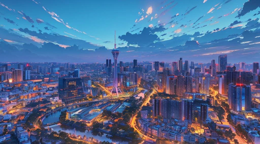 (night:1.5),Night,Makoto Shinkai's style,best quality,Ultra Detail,masterpiece,Fine details,high resolution,8k,in the evening,In the style of Xinhaicheng,There is lighting,wallpaper,architecture,City,City景观,nobody,landscape,City,City view,architecture,outdoor,Sky,Skyscraper,Real-world location,Blue sky,tower,the way,Ground Vehicles,car,(City夜景),