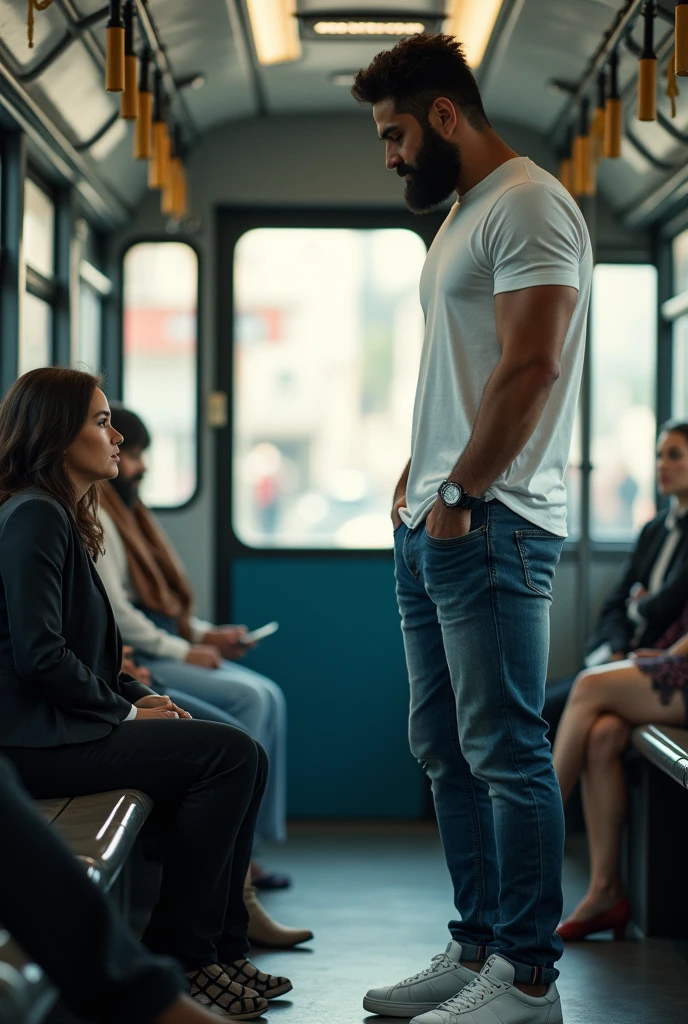 There is a young, strong, bearded Iranian man in a white shirt, jeans and white sneakers, standing, inside a public transport bus, being watched by a woman next to him.