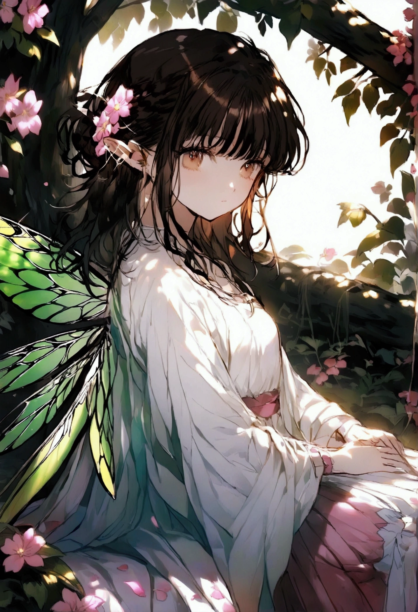 beautiful fairy woman, Teenager, sitting on a tree leaf, wearing White dress with pink skirt and lots of foliage. short curly Brown hair, outdoors, soft lighting, plants in background, window with sunlight, relaxed pose, warm colors, Big Quality. Fairy wings, Brown eyes, pink flower petals hay, green fairy wings.