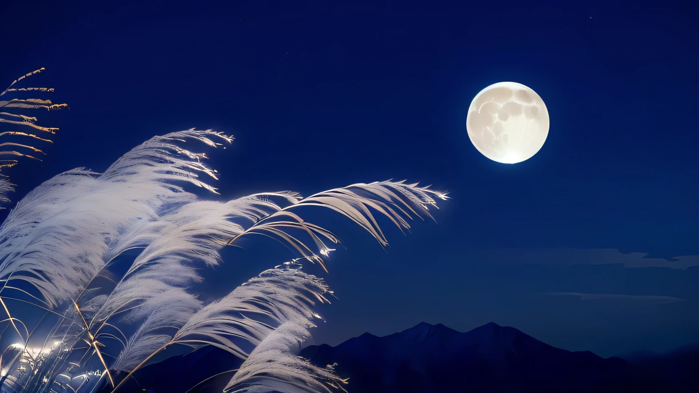 Moonlit Night、photo of Japanese pampas grass、silver grass、Distant Mountain、quiet night、high quality、Masterpiece