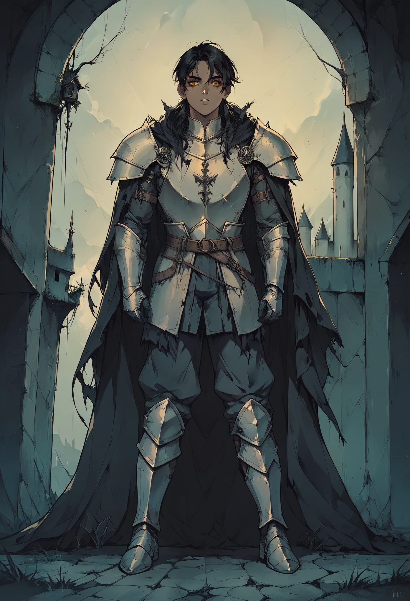 Dark man, long black hair, yellow eyes, medieval knight, full body black armor with black hair on the shoulders and torn cape, dark fantasy, Dark castle