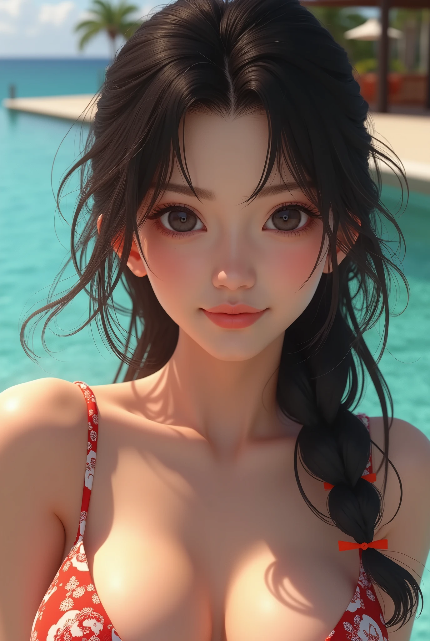 ((Best quality, 8k, Masterpiece :1.3)),slingshot swimsuit,((Best quality, 8k, Masterpiece :1.3)),slingshot swimsuit,(8K、highest quality、highest quality、masterpiece、ultra high resolution、beautiful woman with perfect figure、emphasize cleavage、carefully crafted face、beautiful fingers、beautiful hands、skin texture),beautiful double eyelids、smile, japanese,(Beautiful big breasts:1,7)